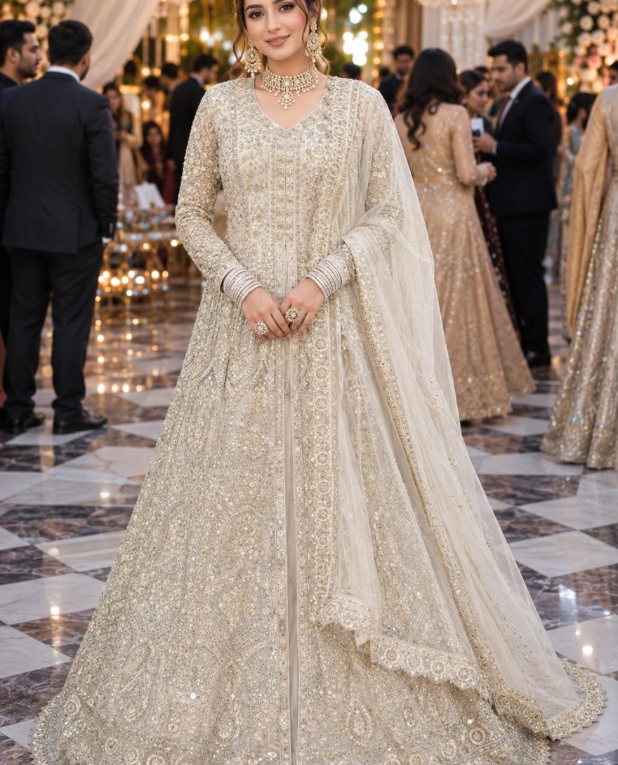 Off White - Off White Net Readymade Lehenga Choli with Diamond, Embroidered and Sequins Work